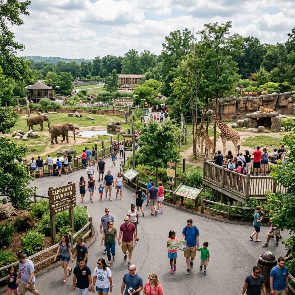 Visitors walking near elephant, giraffe, and lion exhibits in zoo