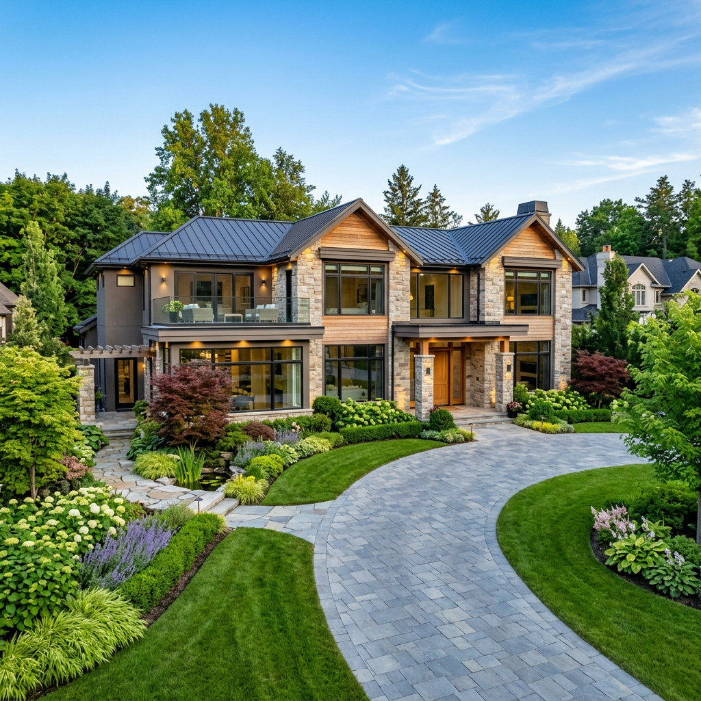 Modern two-story luxury house with stone and wood exterior, large windows, and landscaped garden