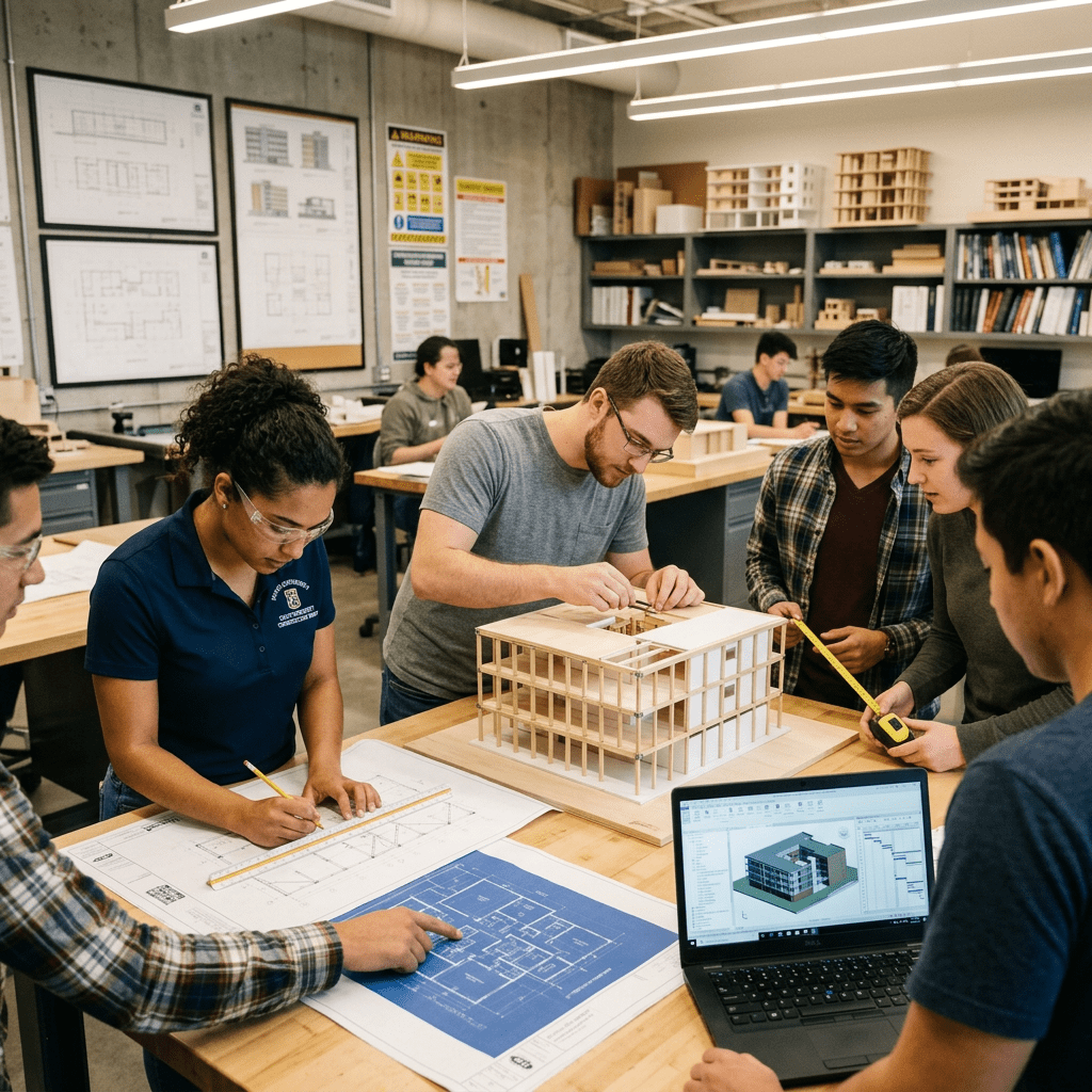 Construction education students working on academic project